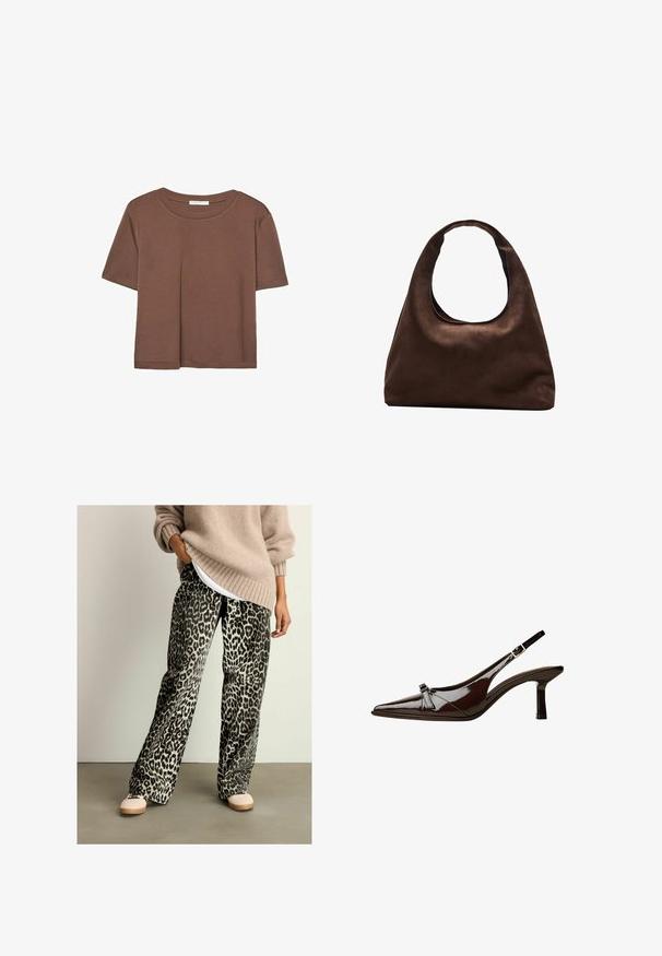 Braunes, kurzärmliges T-Shirt aus weichem Material mit rundem Halsausschnitt und lockerer Passform. Keine sichtbaren Muster oder Akzente.; Tiermuster-Hosen in Schwarz und Grau mit weiter Beinform, aus weichem Stoff, kombiniert mit einem beigen Strickpullover und hellen Schuhen.; Braune Lackleder-Slingback-Schuhe mit spitzem Zehenbereich, niedrigem Absatz und einer dekorativen Schleifenakzent an der Vorderseite. Glatte, glänzende Textur.; Weiche braune Hobo-Stil Handtasche mit einem einzigen breiten Trageriemen und einer geschwungenen Oberteilöffnung, auf einem weißen Hintergrund präsentiert.