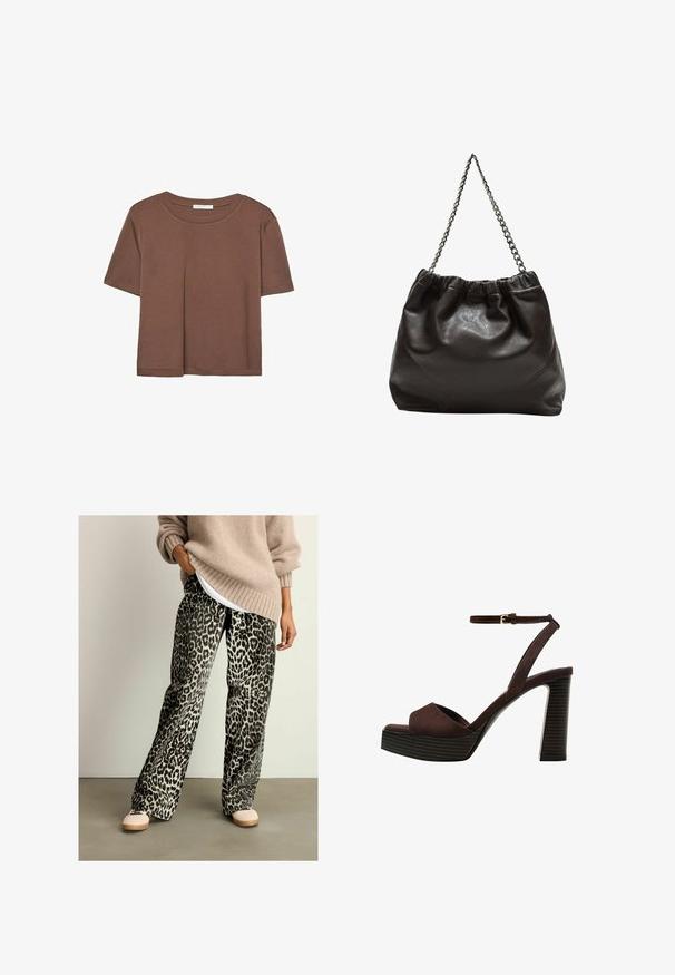 Smeđi kratki rukav majica od mekog materijala, s okruglim izrezom i opuštenim krojem. Nema vidljivih uzoraka ili naglasaka.; Hlače s uzorkom životinja u crnoj i sivoj boji s širokim krojem, izrađene od mekanog materijala, uparene s bež pletenim puloverom i svijetlim cipelama.; Smeđe zamšaste sandale s visokim potpeticama, otvorenim prstima, podesivom trakicom oko gležnja i prugastom platformom.; Smeđa kožna torba s naboranim vrhom i lančićem za nošenje. Glatka tekstura s sjajnim završetkom i suptilnim šavnim detaljima sa strane.