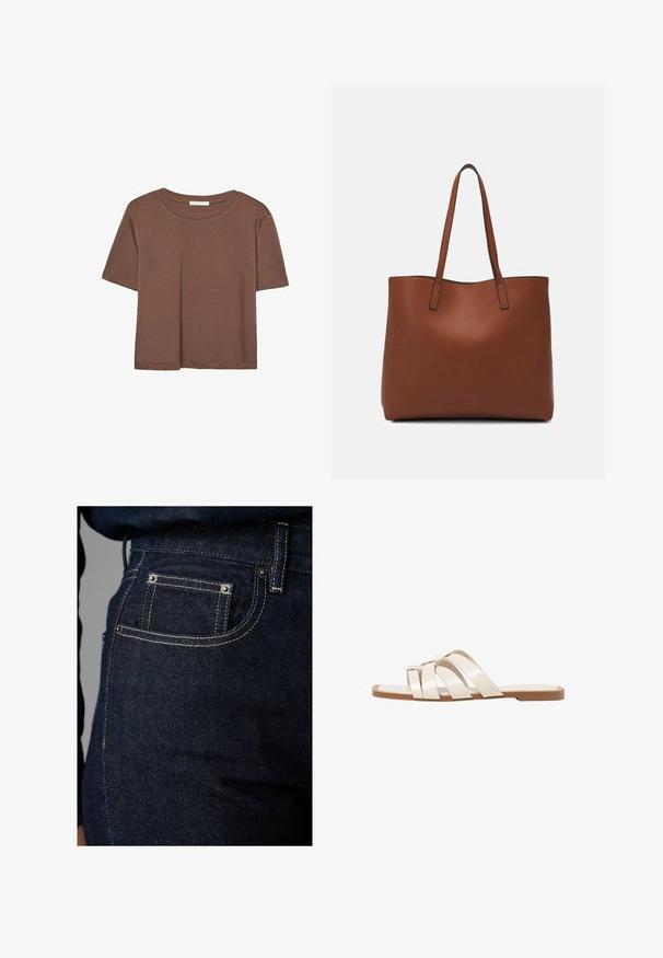 Kahvinsävyinen lyhythihainen t-paita, joka on valmistettu pehmeästä kankaasta. Pyöreä pääntie ja rento malli. Ei näkyviä kuvioita tai koristeita.; Tummat farkut, joissa on klassinen viiden taskun muotoilu, kontrastiväriset tikkaus ja metallinitteet. Pintatraktio näyttää sileältä, jossa on kevyt kiilto.; Tason vaaleanruskealla kumipohjalla, jossa on kolme päällekkäistä valkoista nahkaremmiä ja pieni satiininen rusetti keskellä.; Ruskea nahkainen olkalaukku, jossa on sileä pinta, avoin yläosa ja kaksi olkahihnaa. Omaavat vain minimaalisen ompelun eikä näkyvää metalliosaa.