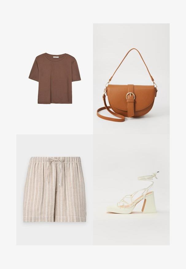 T-shirt marron à manches courtes en tissu doux, avec un col rond et une coupe décontractée. Aucun motif ni accent visible.; Shorts en lin beige avec des rayures verticales blanches, taille élastique et cordon de serrage. Le design décontracté comprend des ourlets cousus et des poches latérales.; Sandale blanche à talons hauts avec un talon épais, présentant un design à lanières et un lien autour de la cheville. Texture lisse avec une plateforme à l'avant pour une hauteur supplémentaire.; Sac bandoulière en cuir marron avec une forme incurvée, quincaillerie dorée et un accent en boucle. Comprend une bandoulière détachable.