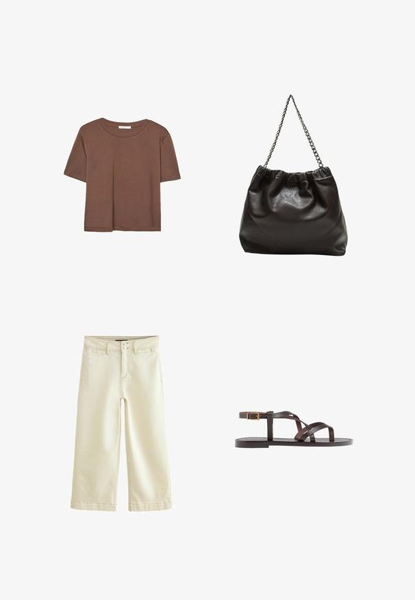 T-shirt marron à manches courtes en tissu doux, avec un col rond et une coupe décontractée. Aucun motif ni accent visible.; Pantalons en denim couleur crème, coupés au-dessus de la cheville, avec une finition légèrement texturée. Dotés d'une taille standard avec fermeture à deux boutons et cinq poches.; Sandale en cuir marron avec des brides entrecroisées, une fermeture à boucle à la cheville et une semelle plate avec des détails de couture minimaux.; Sac en cuir marron avec un haut froncé et une bandoulière en chaîne. Texture lisse avec une finition brillante et des coutures subtiles sur les côtés.