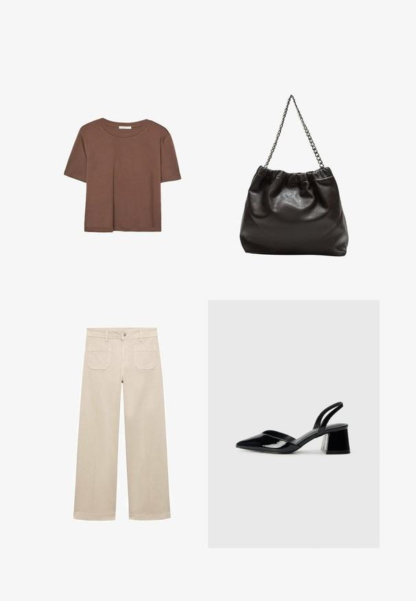 Hnedé tričko s krátkym rukávom vyrobené z jemného materiálu, s okrúhlym výstrihom a voľným strihom. Žiadne viditeľné vzory ani akcenty.; Béžové nohavice s širokými nohavicami vyrobené z bavlny. Majú zips, predný gombík a dve našité vrecká na chrbte. Čistý lem bez ozdôb.; Čierne lakované kožené sandálové podpätky s špicatou špičkou a geometrickým blokovým podpätkom. Disponujú elegantným, minimalistickým dizajnom a hladkým povrchom.; Hnedá kožená taška so zberaným vrchom a reťazovým popruhom. Hladký povrch s lesklým finišom a jemným švom po stranách.