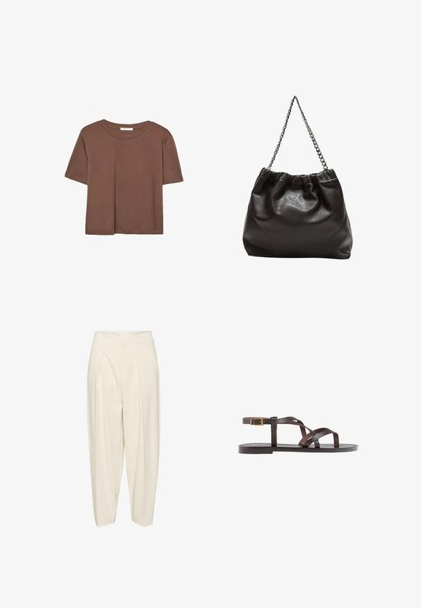 Hnedé tričko s krátkym rukávom vyrobené z jemného materiálu, s okrúhlym výstrihom a voľným strihom. Žiadne viditeľné vzory ani akcenty.; Krémové upravené nohavice s vysokým pásom, plisovaným predným dielom a zužujúcimi sa nohami. Vyrobené z hladkej tkaniny bez vzorov alebo ozdôb.; Hnedé kožené sandály s krížovými popruhmi, uzatváraním na pracku okolo členku a plochou podrážkou s minimálnymi ševmi.; Hnedá kožená taška so zberaným vrchom a reťazovým popruhom. Hladký povrch s lesklým finišom a jemným švom po stranách.