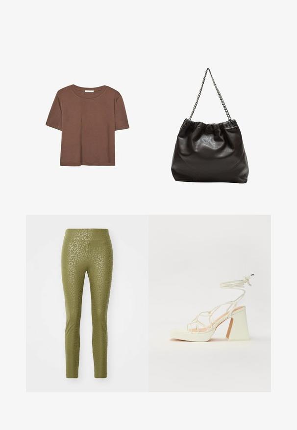 Brązowa koszulka z krótkim rękawem, wykonana z miękkiego materiału, z okrągłym dekoltem i luźnym krojem. Brak widocznych wzorów lub akcentów.; Oliwkowe legginsy z delikatnym wzorem w panterkę, wykonane z elastycznego materiału o gładkiej teksturze i dopasowanym kroju.; Biała sandał na wysokim obcasie z masywnym słupkiem, z paskowym wzorem i wiązaniem przy kostce. Gładka faktura z platformą z przodu dla dodatkowej wysokości.; Brązowa skórzana torba z marszczonym szczytem i łańcuszkowym paskiem. Gładka tekstura z błyszczącym wykończeniem i subtelnymi detalami szwów po bokach.