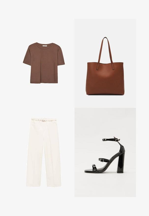 Kahvinsävyinen lyhythihainen t-paita, joka on valmistettu pehmeästä kankaasta. Pyöreä pääntie ja rento malli. Ei näkyviä kuvioita tai koristeita.; Valkoiset puuvillahousut, joissa on leveät lahkeet, vyötärö vyöllä, kaksi etutaskua ja sileä pinta. Omistaa puhtaan, minimalistisen muotoilun.; Musta kiiltävä korkokenkä sandaalit neliönmuotoisella varpaalla, nilkkaremmillä ja hopeisilla soljilla. Varustettu tukevalla lohkokorkealla vakauden takaamiseksi.; Ruskea nahkainen olkalaukku, jossa on sileä pinta, avoin yläosa ja kaksi olkahihnaa. Omaavat vain minimaalisen ompelun eikä näkyvää metalliosaa.