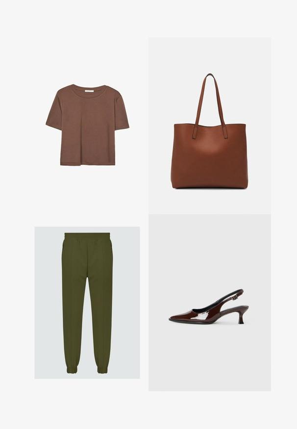 Brown short-sleeve t-shirt made of soft fabric, with a round neckline and relaxed fit. No visible patterns or accents.; Olive green jogger pants made from smooth fabric, featuring an elastic waistband, tapered cuffs, and side pockets for functionality.; Brown patent leather slingback shoe with a pointed toe and a moderate heel. Features a buckle strap for secure fit. Smooth texture.; Brown leather tote bag with a smooth texture, open top design, and two shoulder straps. Features minimal stitching and no visible hardware.