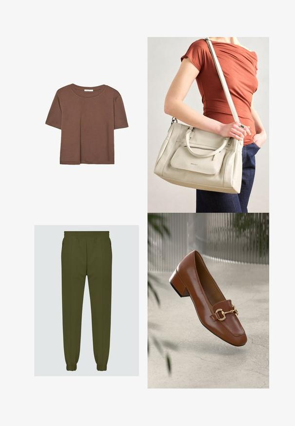 Brązowa koszulka z krótkim rękawem, wykonana z miękkiego materiału, z okrągłym dekoltem i luźnym krojem. Brak widocznych wzorów lub akcentów.; Jasnozielone dresy wykonane z gładkiego materiału, cechujące się elastycznym paskiem w talii, zwężającymi się mankietami oraz bocznymi kieszeniami dla większej funkcjonalności.; Brązowe lakierowane mokasyny z kwadratowym noskiem, metalowym łańcuszkiem i niskim blokowym obcasem; gładka faktura, minimalistyczny design.; Biała skórzana torebka z podwójnymi uchwytami i odczepianym paskiem, z przednią kieszenią na zamek i gładką fakturą. Nioszona na ramieniu przez osobę.