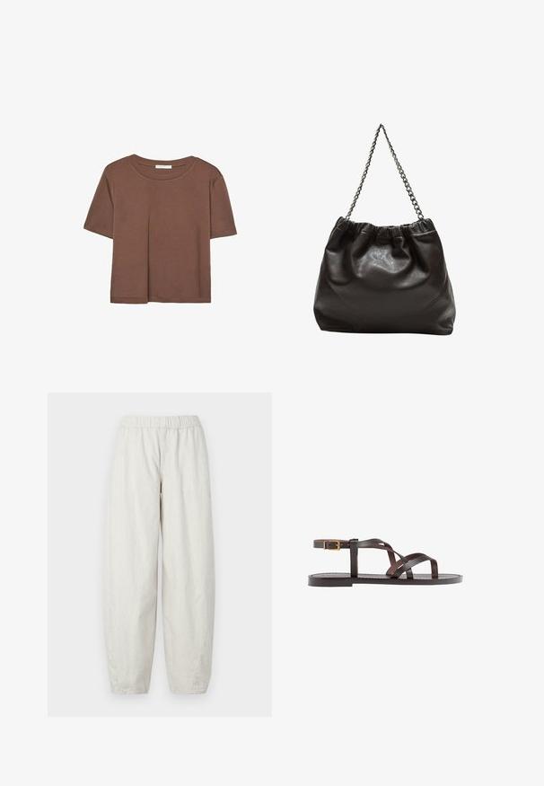 Braunes, kurzärmliges T-Shirt aus weichem Material mit rundem Halsausschnitt und lockerer Passform. Keine sichtbaren Muster oder Akzente.; Hellgraue, gerippte Stoffhose mit einem elastischen Bund, die im lockeren, weiten Bein-Design für Komfort und Bewegungsfreiheit sorgt.; Braune Leder-Sandale mit überkreuzten Riemen, einem Knöchelriemen mit Schnalle und einer flachen Sohle mit minimalen Nähdetails.; Braune Lederhandtasche mit gerafftem Oberteil und Kettenriemen. Glatte Textur mit glänzendem Finish und subtilen Nahtdetails an den Seiten.