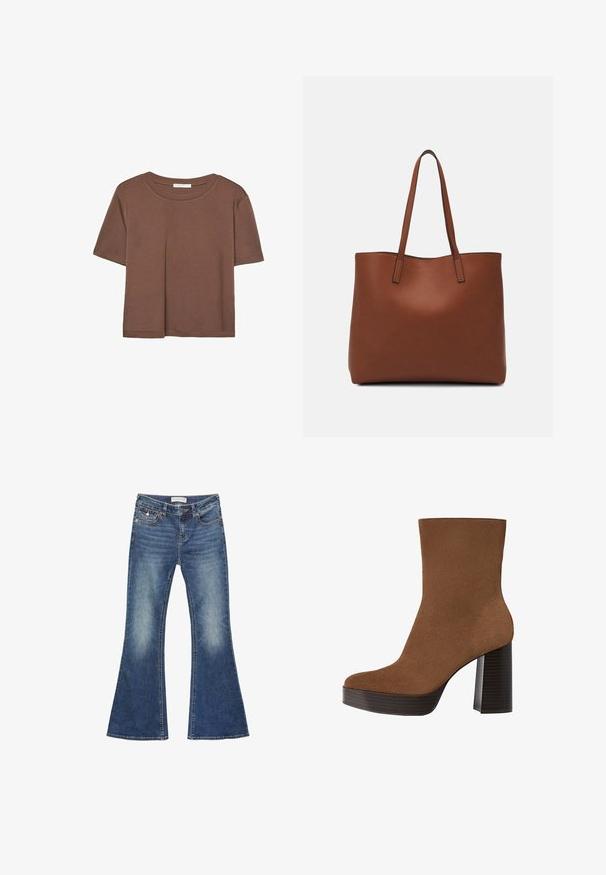Hnědé tričko s krátkým rukávem vyrobené z měkké látky, s kulatým výstřihem a volným střihem. Bez viditelných vzorů nebo dekorací.; Džínové pohodlné kalhoty s rozšířením ve středně modré barvě s efektem vyblednutí. Obsahují klasický pět kapsový design a kontrastní stehy spolu s zapínáním na knoflík.; Hnědé semišové kotníkové boty s kulatou špičkou, robustním černým pruhovaným podpatkem a hladkým povrchem. Mají přiléhavý design bez viditelného kování.; Hnědá kožená taška přes rameno s hladkou texturou, otevřeným designem a dvěma ramenními popruhy. Obsahuje minimální švy a žádné viditelné kovové prvky.