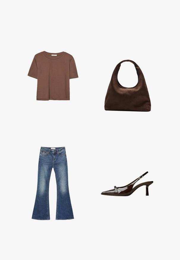 Hnědé tričko s krátkým rukávem vyrobené z měkké látky, s kulatým výstřihem a volným střihem. Bez viditelných vzorů nebo dekorací.; Džínové pohodlné kalhoty s rozšířením ve středně modré barvě s efektem vyblednutí. Obsahují klasický pět kapsový design a kontrastní stehy spolu s zapínáním na knoflík.; Hnědé lakované sandály s špičatou špičkou, nízkým podpatkem a dekorativní mašlí na přední části. Hladký, lesklý povrch.; Měkká hnědá kabelka ve stylu hobo s jedním širokým popruhem a zakřiveným horním otvorem, vystavená na bílém pozadí.