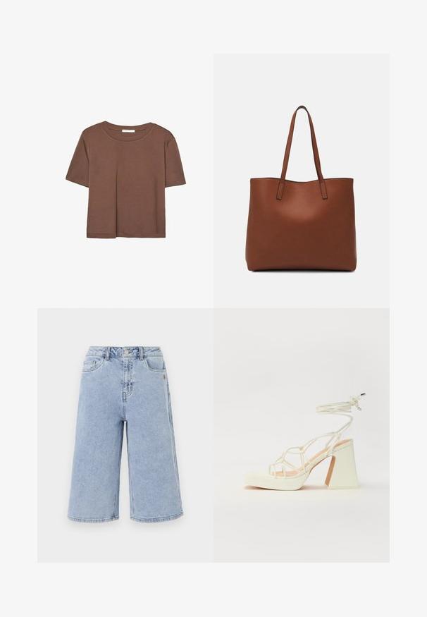 Brun kortærmet t-shirt lavet af blødt stof, med rund halsudskæring og afslappet pasform. Ingen synlige mønstre eller detaljer.; Object OBJISR BERMUDA - Denimshorts - medium blue denim; Hvide højhælede sandaler med en kraftig hæl, der har et stropdesign og ankelbinding. Glat tekstur med en platform foran for ekstra højde.; Brun læder tote taske med en glat overflade, åben topdesign og to skulderremme. Har minimal syning og ingen synlig hardware.