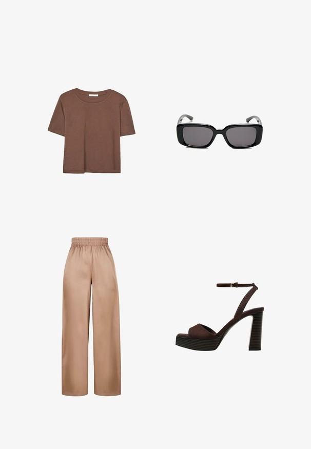 Maglietta a maniche corte marrone realizzata in tessuto morbido, con scollatura rotonda e vestibilità rilassata. Nessun motivo o dettaglio visibile.; Pantaloni a gamba larga, di colore marrone chiaro, realizzati in tessuto morbido con una cintura elastica, caratterizzati da un design semplice e senza ulteriori adornamenti.; Sandal in camoscio marrone con tacco alto, punta aperta, cinturino alla caviglia regolabile e suola a piattaforma striata.; Occhiali da sole neri rettangolari con lenti scure, montatura in plastica liscia e tempie curve. Il design è voluminoso con un'estetica minimalista.