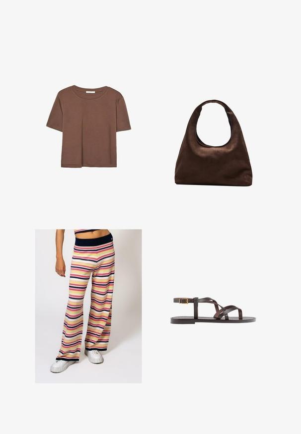 Smeđi kratki rukav majica od mekog materijala, s okruglim izrezom i opuštenim krojem. Nema vidljivih uzoraka ili naglasaka.; Pantalone širokih nogavica od pletene tkanine s horizontalnim prugama u ružičastoj, žutoj, mornarskoj plavoj i bijeloj boji, s mornarsko plavim rebrastim pojasom i mekom teksturom.; Smeđe kožne sandale s iskrižanim trakama, umetkom za zapešće s kopčanjem i ravnim potplatom s minimalnim detaljima šivanja.; Meka mekana smeđa torba hobo stila s jednim širokim remenom i zakrivljenim otvaranjem na vrhu, prikazana na bijeloj pozadini.