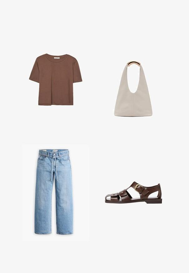 Kahvinsävyinen lyhythihainen t-paita, joka on valmistettu pehmeästä kankaasta. Pyöreä pääntie ja rento malli. Ei näkyviä kuvioita tai koristeita.; Vaaleansiniset farkut leveillä lahkeilla, joissa on korkea vyötärö, nappi- ja vetoketjukiinnitys sekä narutasku vyötäröllä. Raaka helma.; Ruske nahkale sandale s izrezanim dizajnom, prilagodljivo sponko na strani in ravnim podplatom, z metalnimi detajli in odprtimi prsti.; Vaalea harmaa nahkalaukku, jossa on U-muotoinen muotoilu ja kaareva metallikahva. Suora pinta, jossa on minimaalinen ompelu ja ei näkyviä kuvioita.