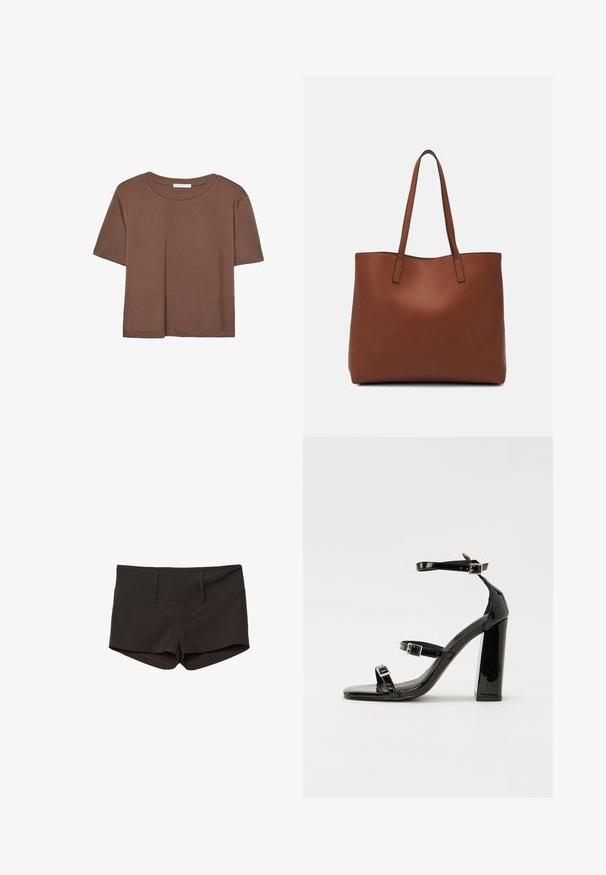 T-shirt marron à manches courtes en tissu doux, avec un col rond et une coupe décontractée. Aucun motif ni accent visible.; Shorts en coton noir au design ajusté, avec une texture douce et deux poches à l'avant. Taille mi-haute et sans motifs visibles.; Sandales à talons hauts en cuir verni noir avec deux brides à boucles, bout carré et talon bloc épais, présentant une texture lisse et brillante.; Sac fourre-tout en cuir marron avec une texture lisse, design à ouverture supérieure et deux poignées pour le porter à l'épaule. Présente des coutures minimales et aucun matériel visible.