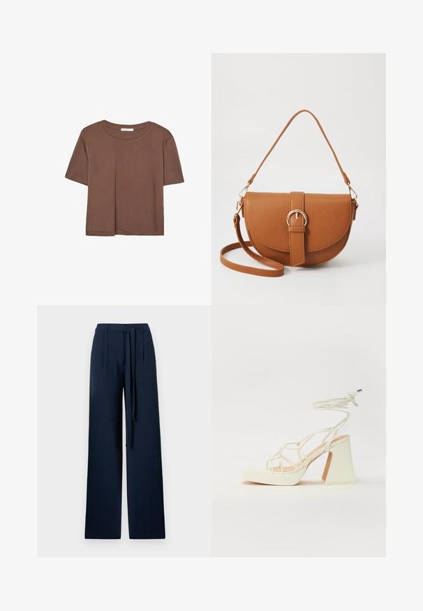 Rjava kratka majica s kratkimi rokavi iz mehkega materiala, s krožnim izrezom in ohlapnim krojem. Brez vidnih vzorcev ali dodatkov.; Mornarsko široke hlače iz lahkega materiala, s visokim pasom, sprednjimi gubami in pasom iz istem materiala za prilagajanje.; Bela sandala na visokih petah s debelim petam, ki ima obliko trakcev in vezanje okoli gležnja. Gladka tekstura z platformo spredaj za dodatno višino.; Rjava usnjena torbica prek telesa s ukrivljeno obliko, zlate opreme in sponko. Ima odstranljiv naramni trak.