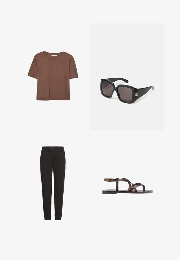 Smeđi kratki rukav majica od mekog materijala, s okruglim izrezom i opuštenim krojem. Nema vidljivih uzoraka ili naglasaka.; Crne cargo hlače izrađene od lagane tkanine, s elastičnim pojasom, bočnim džepovima i opuštenim krojem.; Smeđe kožne sandale s iskrižanim trakama, umetkom za zapešće s kopčanjem i ravnim potplatom s minimalnim detaljima šivanja.; Crne oversized sunčane naočale s tamnim staklima, sjajni plastični okvir, zaobljeni kvadratni oblik i zlatni međusobno povezani GG logo sa strane.