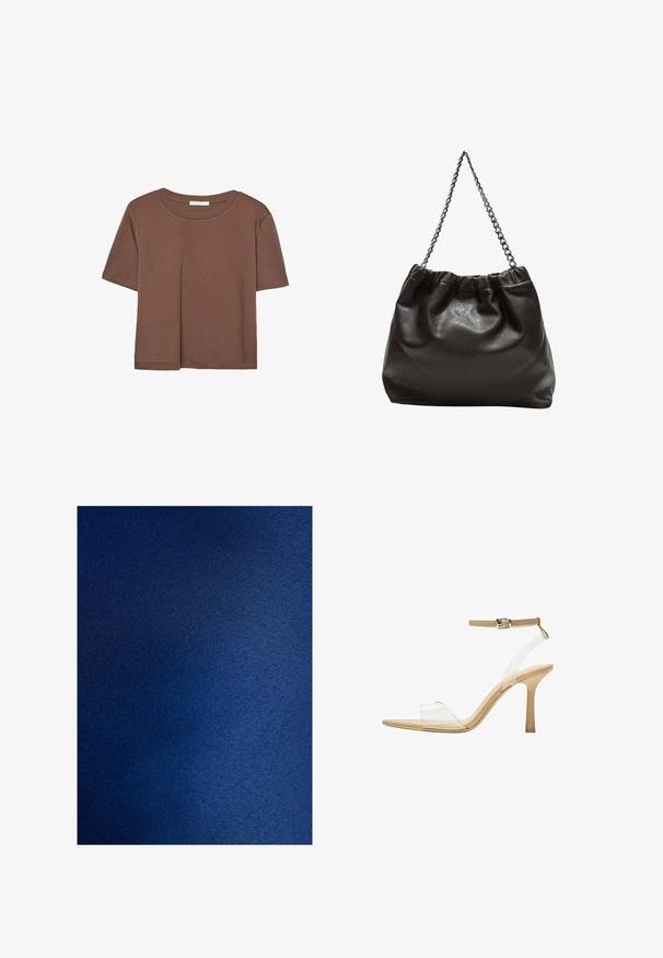 Rjava kratka majica s kratkimi rokavi iz mehkega materiala, s krožnim izrezom in ohlapnim krojem. Brez vidnih vzorcev ali dodatkov.; Globoko modra tkanina z gladko, rahlo sijočo teksturo. Enotna barva s subtilnimi variacijami v odtenku, kar daje bogat videz.; Sandal z jasnim petnikom s prozornim zgornjim delom, bež podplatom in sivim trakcem okoli gležnja. Ima koničast nos in tanek visoki petek.; Rjava usnjena torba z nabranim vrhom in verižnim trakom. Gladka tekstura z sijajno površino in subtilnimi šivi na straneh.