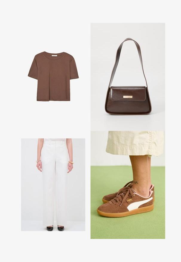 Brązowa koszulka z krótkim rękawem, wykonana z miękkiego materiału, z okrągłym dekoltem i luźnym krojem. Brak widocznych wzorów lub akcentów.; Białe, dopasowane spodnie o gładkim materiale, z wysokim stanem i szerokimi nogawkami. W połączeniu z czarnymi, eleganckimi butami na szpic.; Brązowe zamszowe sneakersy z białymi akcentami, gumową podeszwą i różowym obcasem. Widoczne sznurówki i detal z logo. Częściowo widoczny tatuaż na kostce.; Brązowa skórzana torba na ramię o wyraźnej formie, z magneticznym zapięciem w klapie i metalowym logo na przodzie.