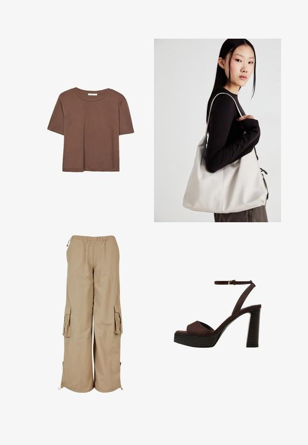 Smeđi kratki rukav majica od mekog materijala, s okruglim izrezom i opuštenim krojem. Nema vidljivih uzoraka ili naglasaka.; Bež cargo hlače s elastičnom postavom, dva bočna džepa i umetcima od mrežaste tkanine; izrađene od lagane, teksturirane tkanine.; Smeđe zamšaste sandale s visokim potpeticama, otvorenim prstima, podesivom trakicom oko gležnja i prugastom platformom.; Bežna torba od mekog materijala s opuštenim dizajnom, šivanim detaljima i dva remena za rame. Pogodna za svakodnevnu upotrebu.