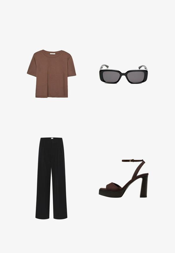 Brun kortærmet t-shirt lavet af blødt stof, med rund halsudskæring og afslappet pasform. Ingen synlige mønstre eller detaljer.; Sorte bred ben bukser med høj talje, plisseringer og en glat tekstur. Minimalistisk design uden synlige mønstre eller hardware.; Brune ruskinds højhælede sandal med åben tå, justerbar ankelrem og en stribet plade sål.; Sorte rektangulære solbriller med mørke linser, glat plastikramme og buede stænger. Designet er klodset med en minimalistisk æstetik.