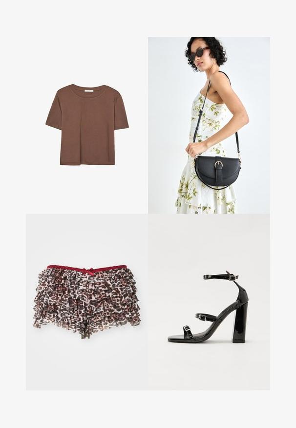 Brązowa koszulka z krótkim rękawem, wykonana z miękkiego materiału, z okrągłym dekoltem i luźnym krojem. Brak widocznych wzorów lub akcentów.; Kwiatowe szorty w lamparcie cętki z warstwowymi falbanami, posiadające czerwony koronkowy pasek w talii i małą kokardkę z przodu.; Czarne lakierowane sandały na obcasie z kwadratowym noskiem, z paskami wokół kostki i srebrnymi klamrami. Posiadają masywny słupek dla stabilności.; Czarna skórzana torebka o zakrzywionym kształcie, z odpinanym paskiem i złotymi akcentami. Torebka posiada klapę z zapięciem w kształcie klamry.