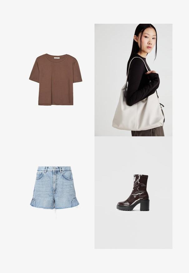 Brun kortärmad t-shirt i mjukt tyg, med rund halsringning och avslappnad passform. Inga synliga mönster eller detaljer.; Ljust blå denimshorts med fransade kanter, med sidofållor, framfickor och knappstängning med dragkedja.; Glansig bordeauxfärgad ankelsko med en kraftig svart klack, som har en slät yta och enkel design. Inga synliga stängningar eller mönster.; Beige handväska tillverkad av mjukt material, med en avslappnad design, sydda detaljer och två axelremmar. Lämplig för dagligt bruk.