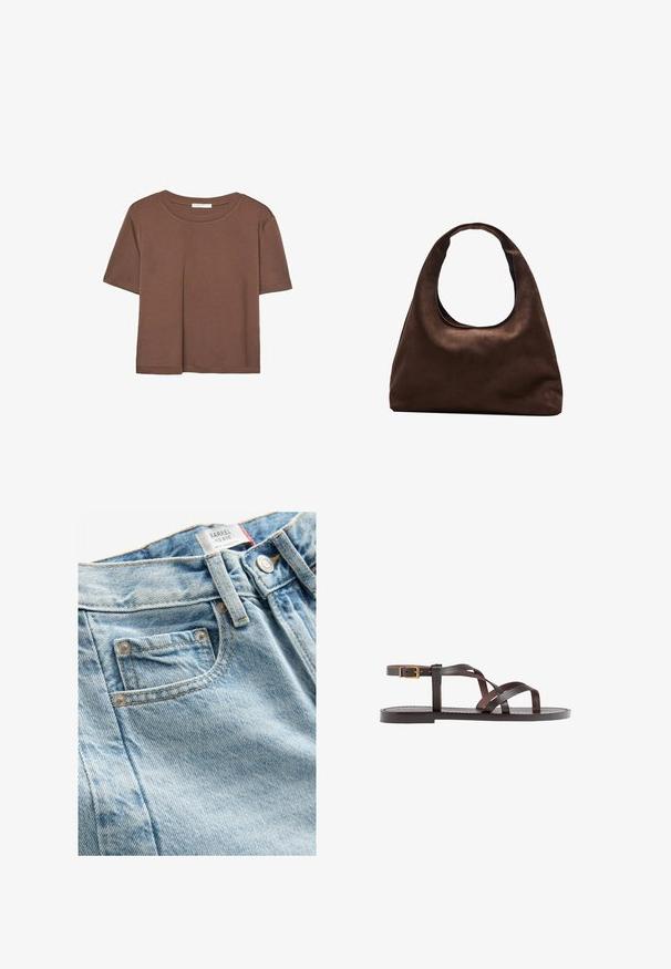 Hnedé tričko s krátkym rukávom vyrobené z jemného materiálu, s okrúhlym výstrihom a voľným strihom. Žiadne viditeľné vzory ani akcenty.; Svetlomodré džíny so stredným pásom, prednou vreckom, kontrastným prešitím a kovovými doplnkami. Tkanina má jemnú textúrovanú štruktúru.; Hnedé kožené sandály s krížovými popruhmi, uzatváraním na pracku okolo členku a plochou podrážkou s minimálnymi ševmi.; Svetlohnedá kabelka v štýle hobo s jedným širokým popruhom a zakriveným otváraním na vrchu, vystavená na bielom pozadí.
