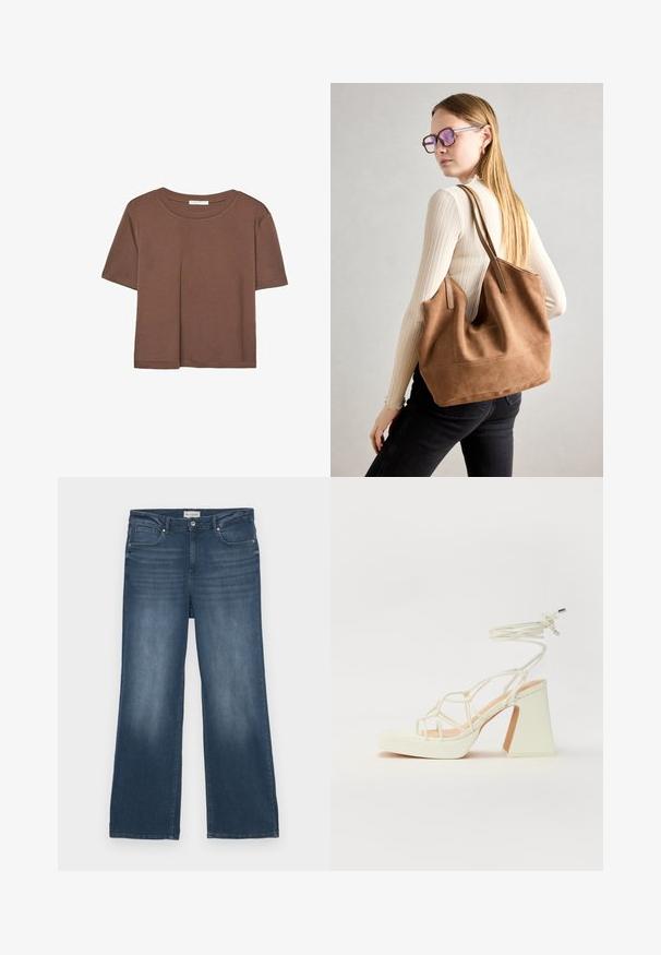 Hnedé tričko s krátkym rukávom vyrobené z jemného materiálu, s okrúhlym výstrihom a voľným strihom. Žiadne viditeľné vzory ani akcenty.; Tmavomodré denimové džínsy, široký strih nohavíc, dizajn s piatimi vreckami, jemné vyblednutie na prednej strane, zapínanie na gombík a zips, klasický štýl s minimálnymi detailmi.; Biele sandále na vysokom opätku s hrubým podpätkom, s pruhovaným dizajnom a viazaním na členku. Hladký povrch s platformou vpredu pre zvýšenú výšku.; Hnedá semišová taška na rameno s mäkkou textúrou, veľkým otvorom a dlhými popruhmi. Má jednoduchý dizajn s viditeľným šitím a bez kovových prvkov.