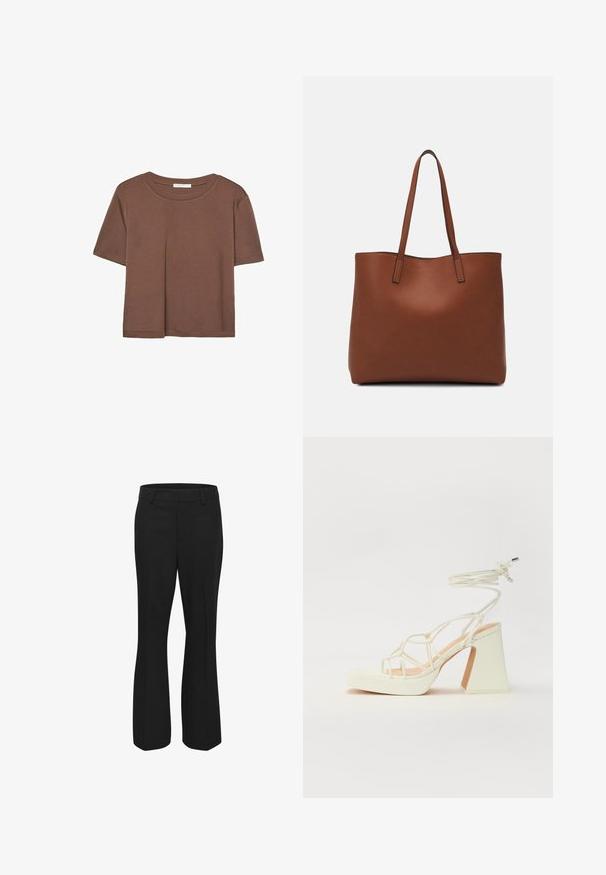 T-shirt marron à manches courtes en tissu doux, avec un col rond et une coupe décontractée. Aucun motif ni accent visible.; Pantalons noirs en tissu lisse, présentant un design droit avec un devant plat et des poches latérales. Pas de motifs ou d'accents visibles.; Sandale blanche à talons hauts avec un talon épais, présentant un design à lanières et un lien autour de la cheville. Texture lisse avec une plateforme à l'avant pour une hauteur supplémentaire.; Sac fourre-tout en cuir marron avec une texture lisse, design à ouverture supérieure et deux poignées pour le porter à l'épaule. Présente des coutures minimales et aucun matériel visible.