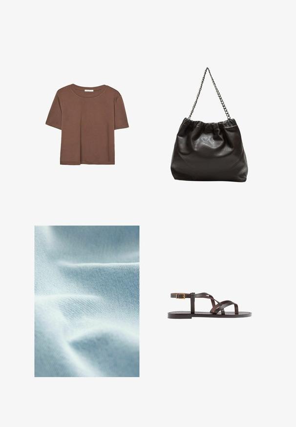 Smeđi kratki rukav majica od mekog materijala, s okruglim izrezom i opuštenim krojem. Nema vidljivih uzoraka ili naglasaka.; Svijetloplavo platno s glatkom teksturom i finim dijagonalnim tkanjem, prikazuje blage nabore i suptilne varijacije u nijansi.; Smeđe kožne sandale s iskrižanim trakama, umetkom za zapešće s kopčanjem i ravnim potplatom s minimalnim detaljima šivanja.; Smeđa kožna torba s naboranim vrhom i lančićem za nošenje. Glatka tekstura s sjajnim završetkom i suptilnim šavnim detaljima sa strane.