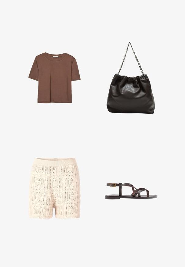 Hnedé tričko s krátkym rukávom vyrobené z jemného materiálu, s okrúhlym výstrihom a voľným strihom. Žiadne viditeľné vzory ani akcenty.; Pletené šortky v svetlej béžovej farbe s textúrovaným, otvoreným vzorom. Vybavené rebrovaným pásom a vlnitým lemom pre detail.; Hnedé kožené sandály s krížovými popruhmi, uzatváraním na pracku okolo členku a plochou podrážkou s minimálnymi ševmi.; Hnedá kožená taška so zberaným vrchom a reťazovým popruhom. Hladký povrch s lesklým finišom a jemným švom po stranách.