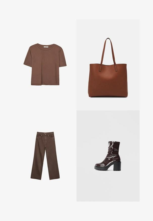 Brun kortærmet t-shirt lavet af blødt stof, med rund halsudskæring og afslappet pasform. Ingen synlige mønstre eller detaljer.; Bredde ben brun denim jeans med høj talje, forlommer og klassisk knaplukning. Glat tekstur med diskret syninger.; Glatte burgunder ankelstøvler med en chunky sort hæl, der har en glat tekstur og et simpelt design. Ingen synlige lukninger eller mønstre.; Brun læder tote taske med en glat overflade, åben topdesign og to skulderremme. Har minimal syning og ingen synlig hardware.