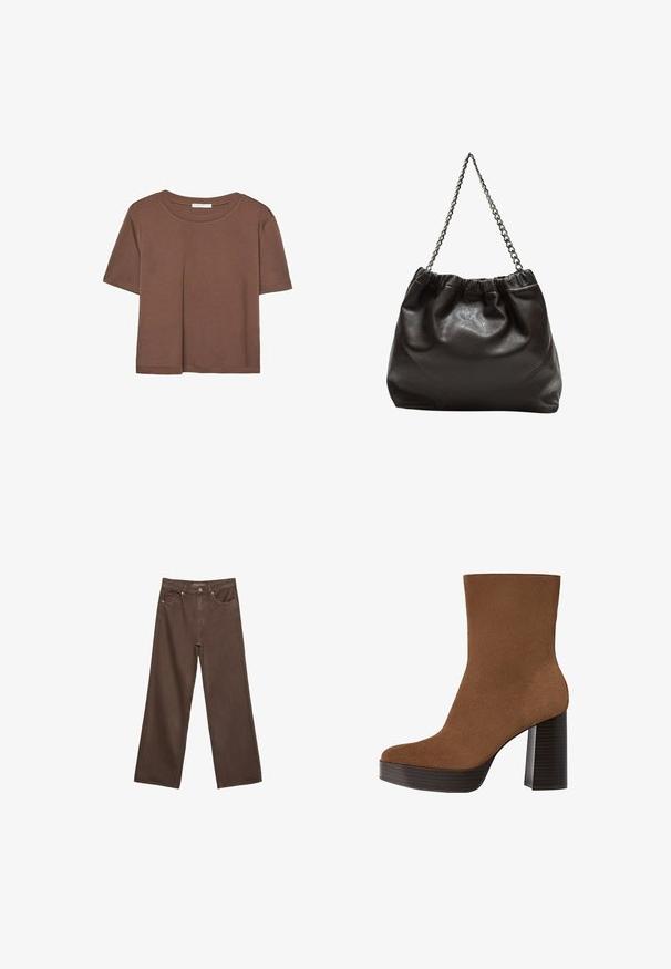 Rjava kratka majica s kratkimi rokavi iz mehkega materiala, s krožnim izrezom in ohlapnim krojem. Brez vidnih vzorcev ali dodatkov.; Široke rjave kavbojke iz denima, ki imajo visok pas, sprednje žepe in klasično zapiranje na gumb. Gladka tekstura s subtilnim šivom.; Rjavi semiš gležnjar z zaokroženim prstom, debelim črnima črtastim petam in gladko površino. Ima prilagojen dizajn brez vidne opreme.; Rjava usnjena torba z nabranim vrhom in verižnim trakom. Gladka tekstura z sijajno površino in subtilnimi šivi na straneh.