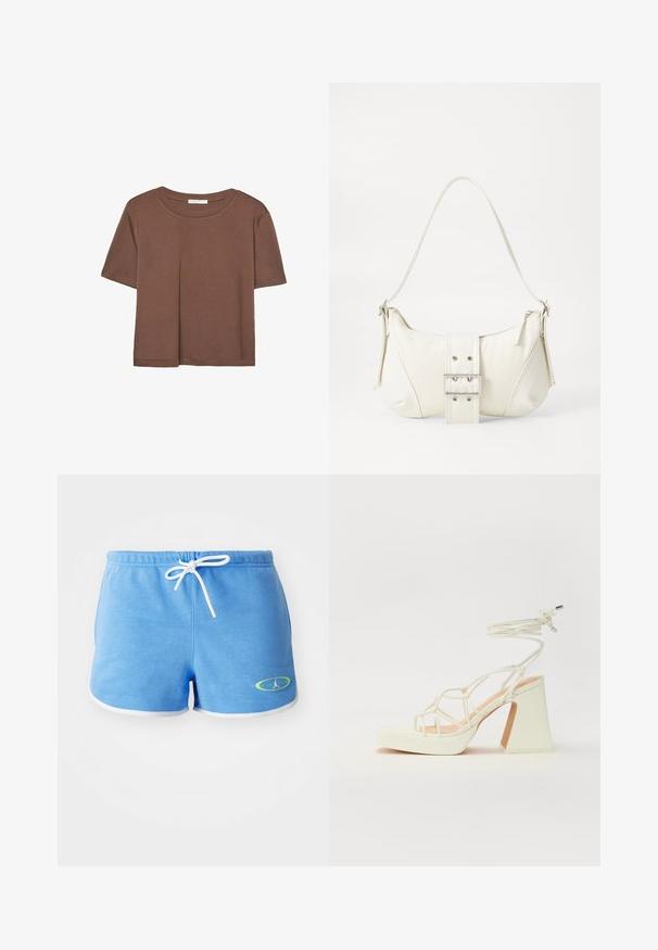 Hnedé tričko s krátkym rukávom vyrobené z jemného materiálu, s okrúhlym výstrihom a voľným strihom. Žiadne viditeľné vzory ani akcenty.; Svetlo modré bavlnené šortky s bielym šnúrkovým pásom, s bielym lemovaním a logom s zeleným akcentom na dolnej ľavej strane.; Biele sandále na vysokom opätku s hrubým podpätkom, s pruhovaným dizajnom a viazaním na členku. Hladký povrch s platformou vpredu pre zvýšenú výšku.; Biela taška cez rameno s textúrovaným povrchom, centrálnou prackou a zakriveným tvarom. Zipsy na oboch stranách.