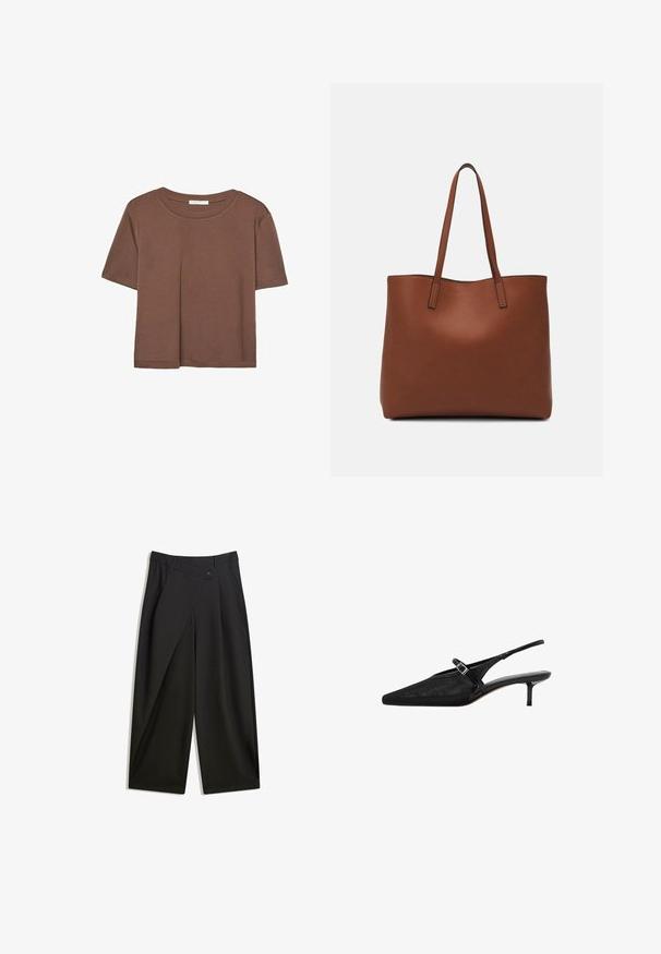 Hnědé tričko s krátkým rukávem vyrobené z měkké látky, s kulatým výstřihem a volným střihem. Bez viditelných vzorů nebo dekorací.; Černé kalhoty s širokými nohavicemi vyrobené z hladké látky. Mají přední sklady, zapínání na knoflík a upravený pas pro štíhlý střih.; Černé slingback podpatky s špičatou špičkou, texturovaný síťovaný svršek, úzký nastavitelný pásek se stříbrnou sponou a 5 cm jehlové podpatky.; Hnědá kožená taška přes rameno s hladkou texturou, otevřeným designem a dvěma ramenními popruhy. Obsahuje minimální švy a žádné viditelné kovové prvky.
