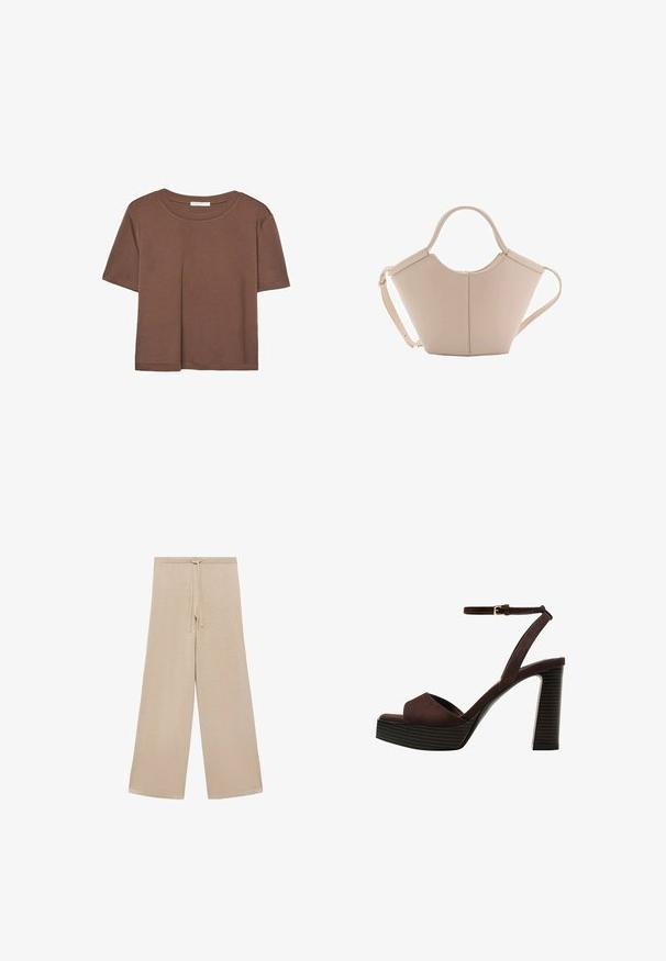 Hnedé tričko s krátkym rukávom vyrobené z jemného materiálu, s okrúhlym výstrihom a voľným strihom. Žiadne viditeľné vzory ani akcenty.; Bežové široké nohavice z mäkkej tkaniny, s elastickým pásom na šnúrku a hladkou textúrou, bez vzorov alebo ďalších kovových komponentov.; Hnedé semišové sandále na vysokom podpätku s otvorenou špičkou, nastaviteľným členkovým remienkom a pruhovanou platformovou podrážkou.; Béžová kožená kabelka s unikátnym tvarom, vybavená dvoma krátkymi uchami a jedným dlhým nastaviteľným popruhom. Hladký povrch s minimálnym kovovým príslušenstvom.