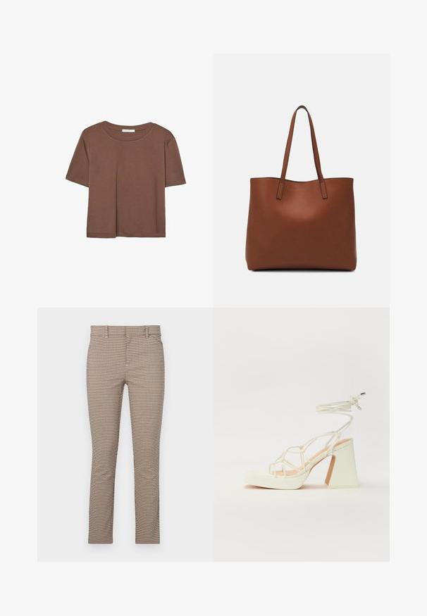 Smeđi kratki rukav majica od mekog materijala, s okruglim izrezom i opuštenim krojem. Nema vidljivih uzoraka ili naglasaka.; Provjerene bež hlače slim kroja, s malim uzorkom rešetke, bočnim džepovima i ravnim prednjim dizajnom. Glatka tekstura materijala.; Bijela sandala na visokoj potpetici s debelim petom, s remenom i vezanjem oko gležnja. Glatka tekstura s platformom sprijeda za dodatnu visinu.; Smeđa kožna torba preko ramena s glatkom teksturom, otvorenim vrhom i dvjema naramenicama. Ima minimalne šavove i nema vidljivog hardvera.