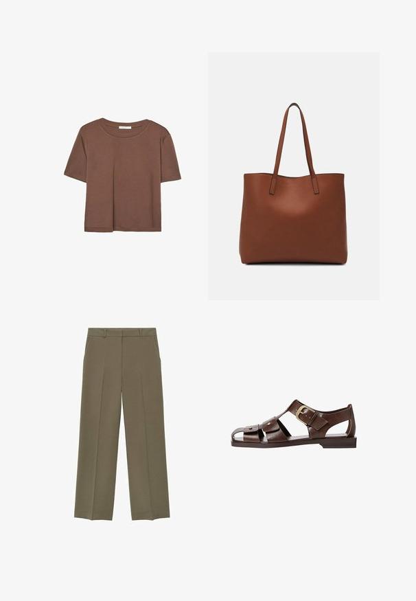 Smeđi kratki rukav majica od mekog materijala, s okruglim izrezom i opuštenim krojem. Nema vidljivih uzoraka ili naglasaka.; Mango Hlače - khaki; Smeđe kožne sandale s izrezbarenim dizajnom, podesivim bočnim kopčanjem i ravnim potplatom, s metalnim detaljima i otvorenim prstima.; Smeđa kožna torba preko ramena s glatkom teksturom, otvorenim vrhom i dvjema naramenicama. Ima minimalne šavove i nema vidljivog hardvera.