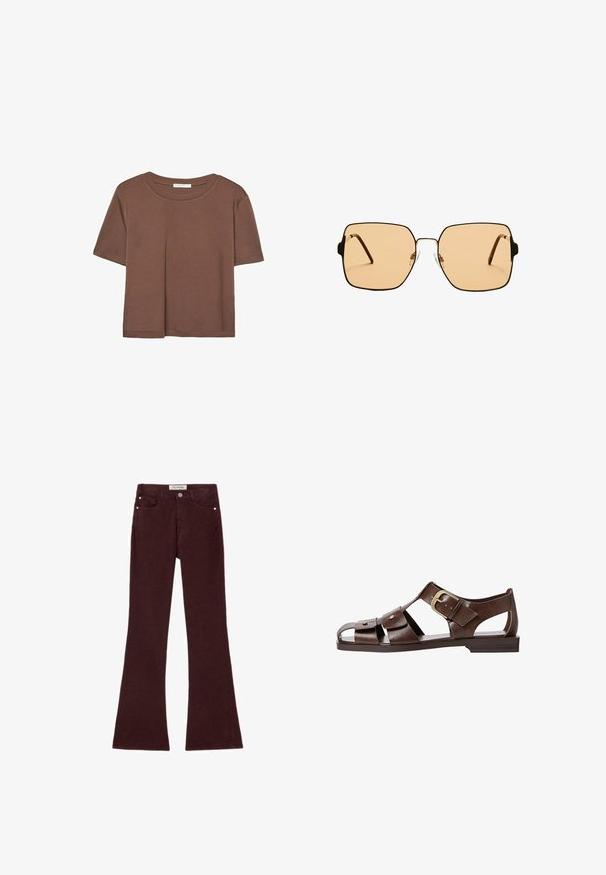 Hnědé tričko s krátkým rukávem vyrobené z měkké látky, s kulatým výstřihem a volným střihem. Bez viditelných vzorů nebo dekorací.; Burgundské zvonové džíny vyrobené ze směsového bavlněného materiálu, s pěti kapsami, kovovými detaily a hladkou texturou. Klasický design s předním zipem.; Hnědé kožené sandály s výřezovým designem, nastavitelnou boční sponou a plochou podrážkou, s kovovými detaily a otevřenou špičkou.; Čtvercové sluneční brýle s hnědými skly a tenkým černým kovovým rámem. Mají šikmé stranice a nastavitelná nosní polštářky pro pohodlí.; Hnědá semišová hobo taška s zakřiveným vrškem, dlouhým popruhem s tečkovanými akcenty a měkkou texturou. Disponuje uvolněným designem pro každodenní nošení.