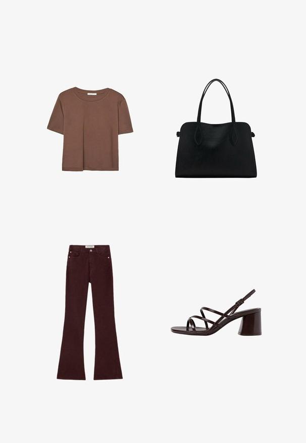 Maglietta a maniche corte marrone realizzata in tessuto morbido, con scollatura rotonda e vestibilità rilassata. Nessun motivo o dettaglio visibile.; Jeans svasati color borgogna realizzati in tessuto misto cotone, con cinque tasche, minuteria metallica e una consistenza liscia. Design classico con zip frontale.; Sandalo con tacco alto e cinturini marrone, dotato di un tacco spesso, con una finitura liscia e lucida e numerosi cinturini incrociati sulla parte superiore.; Borsa a mano in pelle nera con doppio manico, forma rettangolare e design minimalista su sfondo bianco.