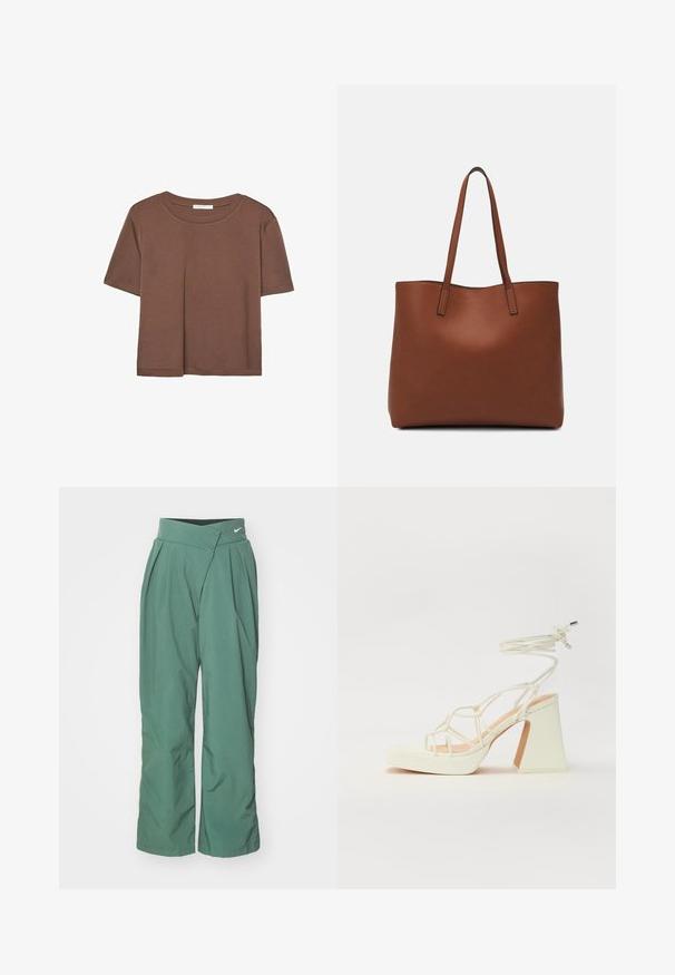 Brun kortärmad t-shirt i mjukt tyg, med rund halsringning och avslappnad passform. Inga synliga mönster eller detaljer.; Nike Sportswear TROUSER - Tygbyxor - vintage green/light army; Vit högklackad sandal med en kraftig klack, med ett remdesign och ankelband. Slät textur med en plattform framtill för ökad höjd.; Brun läder tote-väska med en slät textur, öppen toppdesign och två axelremmar. Har minimal söm och ingen synlig metalldetalj.