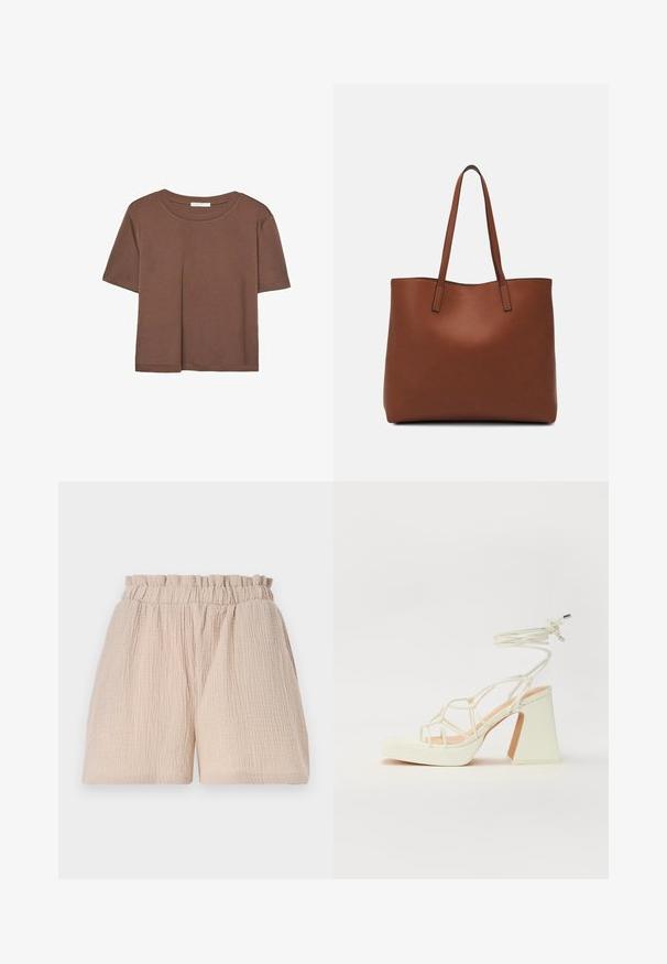 Hnedé tričko s krátkym rukávom vyrobené z jemného materiálu, s okrúhlym výstrihom a voľným strihom. Žiadne viditeľné vzory ani akcenty.; Svetlo béžové šortky s vrásčitou textúrou a elastickým pásom. Dizajn má voľný strih a žiadne ďalšie detaily ani vzory.; Biele sandále na vysokom opätku s hrubým podpätkom, s pruhovaným dizajnom a viazaním na členku. Hladký povrch s platformou vpredu pre zvýšenú výšku.; Hnedá kožená taška na rameno s hladkou textúrou, otvoreným vrchom a dvoma ramenými popruhmi. Má minimálne šitia a žiadne viditeľné kovania.