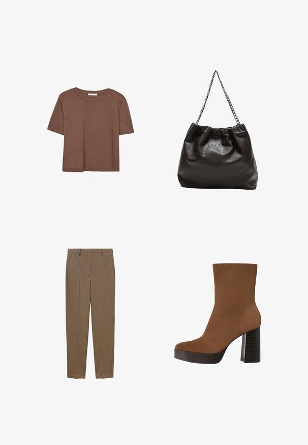 Maglietta a maniche corte marrone realizzata in tessuto morbido, con scollatura rotonda e vestibilità rilassata. Nessun motivo o dettaglio visibile.; Pantaloni a quadri marroni con una vestibilità su misura, caratterizzati da una parte frontale liscia, tasche laterali e una texture morbida. Design classico per uno stile versatile.; Stivale alla caviglia in suede marrone con punta arrotondata, tacco spesso a strisce nere e superficie liscia. Caratterizzato da un design aderente senza hardware visibile.; Borsa in pelle marrone con parte superiore arricciata e tracolla a catena. Texture liscia con finitura lucida e dettagli di cucitura sottili sui lati.
