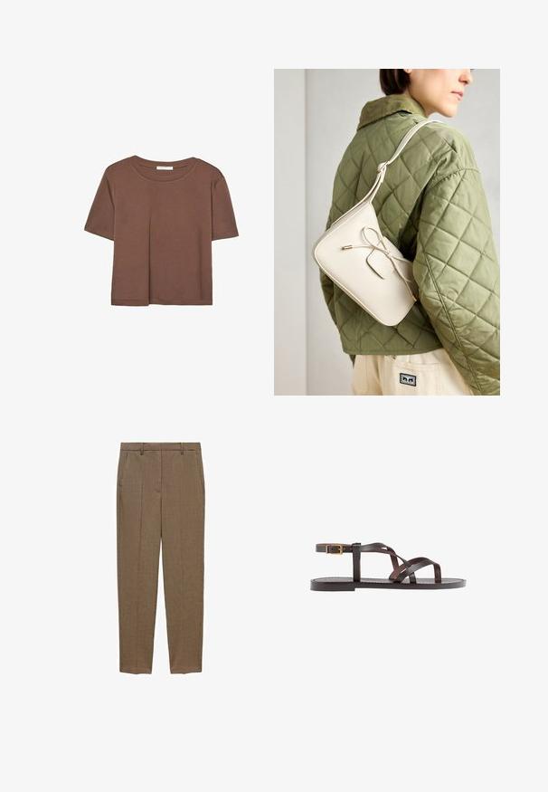 Braunes, kurzärmliges T-Shirt aus weichem Material mit rundem Halsausschnitt und lockerer Passform. Keine sichtbaren Muster oder Akzente.; Braun karierte Hosen mit taillierter Passform, flachem Bund, seitlichen Taschen und glatter Textur. Klassisches Design für vielseitige Kombinationen.; Braune Leder-Sandale mit überkreuzten Riemen, einem Knöchelriemen mit Schnalle und einer flachen Sohle mit minimalen Nähdetails.; Beige Leder Crossbody-Tasche mit einer Schleifendetail, goldenen Beschlägen und einem verstellbaren Tragegurt, getragen über einer grünen Steppjacke.