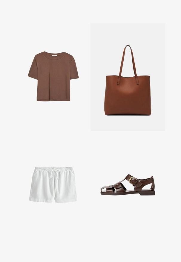 Smeđi kratki rukav majica od mekog materijala, s okruglim izrezom i opuštenim krojem. Nema vidljivih uzoraka ili naglasaka.; Next REGULAR FIT - Kratke hlače - white; Smeđe kožne sandale s izrezbarenim dizajnom, podesivim bočnim kopčanjem i ravnim potplatom, s metalnim detaljima i otvorenim prstima.; Smeđa kožna torba preko ramena s glatkom teksturom, otvorenim vrhom i dvjema naramenicama. Ima minimalne šavove i nema vidljivog hardvera.