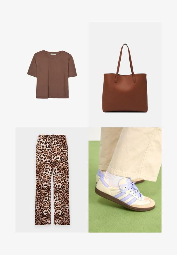 Maglietta a maniche corte marrone realizzata in tessuto morbido, con scollatura rotonda e vestibilità rilassata. Nessun motivo o dettaglio visibile.; Pantaloni con stampa leopardata e vestibilità rilassata, dotati di una vita elastica, realizzati in un tessuto morbido con una texture liscia.; Sneakers crema e lavanda con tre strisce e suola marrone texturizzata, dotati di lacci e tallone imbottito. Parte superiore in tessuto morbido.; Borsa tote in pelle marrone con texture liscia, design con apertura superiore e due spallacci. Presenta cuciture minime e nessun hardware visibile.