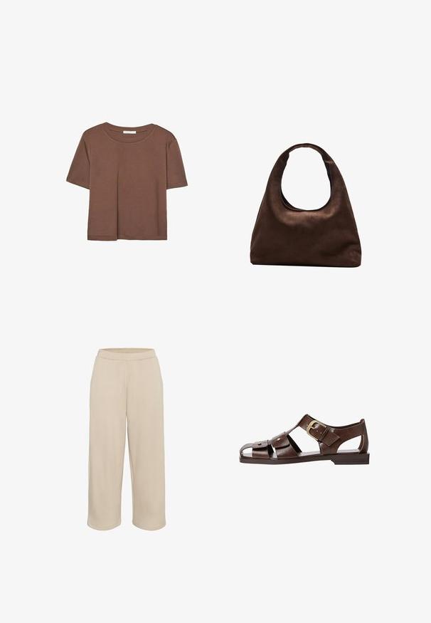 Rjava kratka majica s kratkimi rokavi iz mehkega materiala, s krožnim izrezom in ohlapnim krojem. Brez vidnih vzorcev ali dodatkov.; Kaffe CROPPED - Spodnji deli trenirk - feather gray; Rjave usnjene sandale z izrezljanim dizajnom, nastavljivim stranskim sponko in ravnim podplatom, dekorirane z kovinskimi detajli in odprtim prstom.; Mehakna rjava torbica v hobo stilu z enim širokim trakom in ukrivljenim odprtjem na vrhu, prikazana na beli podlagi.