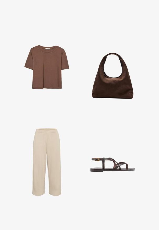 Brown short-sleeve t-shirt made of soft fabric, with a round neckline and relaxed fit. No visible patterns or accents.; Kaffe CROPPED - Tracksuit bottoms - feather gray; Brown leather sandal featuring crisscross straps, an ankle buckle closure, and a flat sole with minimal stitching details.; Soft brown hobo-style handbag with a single wide strap and a curved top handle opening, displayed on a white background.