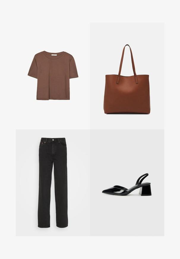 Kahvinsävyinen lyhythihainen t-paita, joka on valmistettu pehmeästä kankaasta. Pyöreä pääntie ja rento malli. Ei näkyviä kuvioita tai koristeita.; Mustat suorat farkut viidellä taskulla, etupainike ja vyölenkit, esiteltynä valkoista taustaa vasten.; Mustat patentoitu nahkakengät, joissa on säären takaosa ja terävä kärki, sekä geometrinen palikkakorko. Sisältää tyylikkään, minimalistisen muotoilun ja sileän pinnan.; Ruskea nahkainen olkalaukku, jossa on sileä pinta, avoin yläosa ja kaksi olkahihnaa. Omaavat vain minimaalisen ompelun eikä näkyvää metalliosaa.